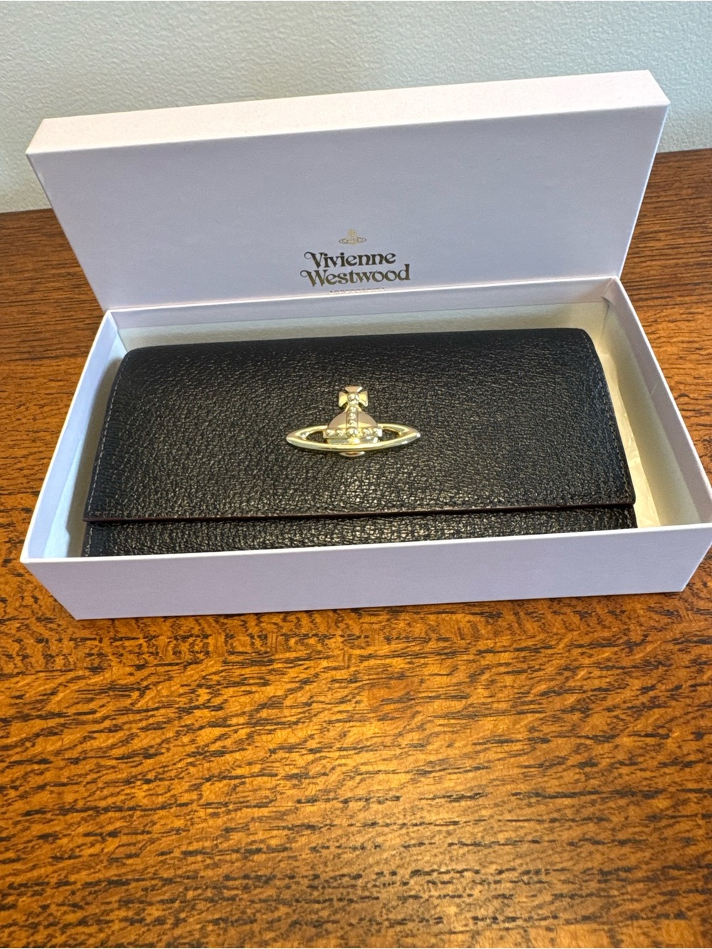 Vivienne Westwood Black Grained Leather Long Wallet with Gold Orb in Box